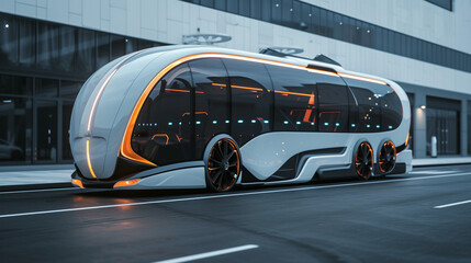 Futuristic electric bus in the shape of a sports car, letters on the side. Unusual shapes, Unusual designs, and Modern technologies.