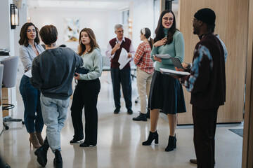 Poster - Colleagues interact in a casual office networking event, sharing ideas and creating partnerships in a modern work environment.