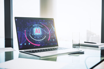 Poster - Computer monitor with creative artificial Intelligence abbreviation. Future technology and AI concept. 3D Rendering