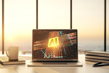 Poster - Modern computer monitor with creative artificial Intelligence icon. Neural networks and machine learning concept. 3D Rendering