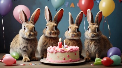 Wall Mural - rabbits celebrating birthday with cake and  candles