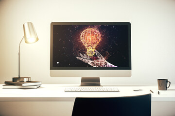Aufkleber - Modern computer monitor with creative light bulb hologram, research and development concept. 3D Rendering