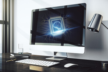 Aufkleber - Modern computer monitor with creative artificial Intelligence symbol. Neural networks and machine learning concept. 3D Rendering