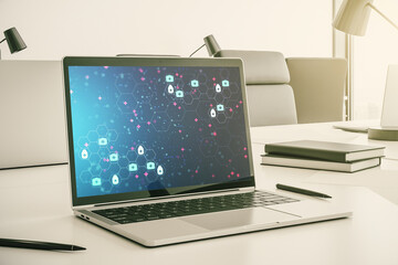 Poster - Creative abstract medical sketch on modern laptop monitor, Medicine and healthcare concept. 3D Rendering