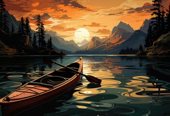 Wall Mural - As the sun sets behind the majestic mountains, a lone canoe glides peacefully across the tranquil lake, serving as a symbol of freedom and adventure in the great outdoors