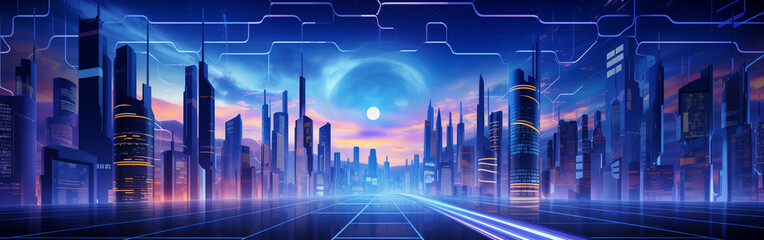 Wall Mural - Future scenario, Futuristic cityscape, urbanscape, Science fiction scene, Sci-fi setting, scenery, Background. ROAD TO THE FUTURE. Illustration of a futuristic cityscape panorama.