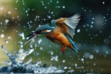 A Majestic Kingfisher Emerges From The Water, Proudly Displaying Its Prized Catch In Its Beak As It Soars Through The Outdoor Wilderness