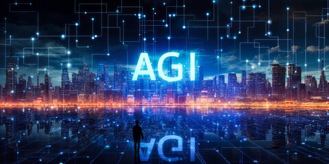 Poster - neon agi lettering over digital cityscape: a vision of artificial general intelligence in a high-tec