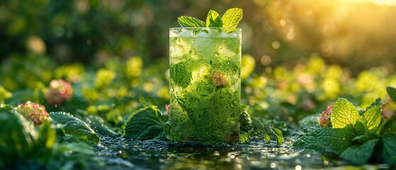 Wall Mural - Glass of refreshing green iced tea surrounded by mint leaves and water droplets, AI-generated.