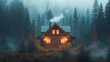 A warm, inviting log home with smoke billowing from the chimney stood among towering pine trees.
