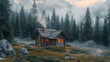 A cozy log cabin nestled among tall pine trees, with smoke rising from its chimney.