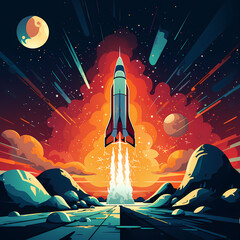 Canvas Print - Retro rocket ship taking off into space. 