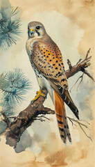 Poster - Kestrel raptor perched,watercolor