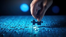 Completing Blue Jigsaw Puzzles With The Last Piece On Light Leaked Hole Gap In Dark Room By Hand Background. Business Success Strategic Solutions And Problem Solving Challenge Concept.