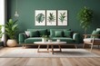 Wooden table in front of green couch in spacious living room interior with plants and lamps
