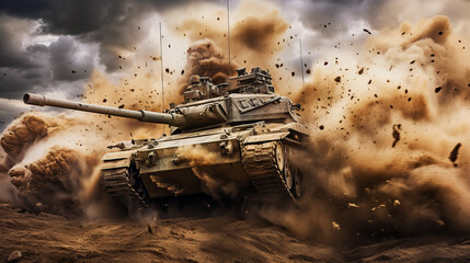 Wall Mural - Tank in the Heat of Battle. Army Tank in Action