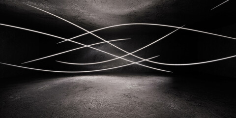 Poster - white swinging lights in an industrial empty concrete studio 3d render illustration