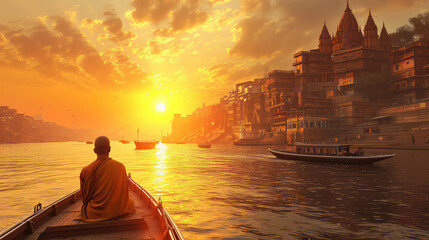 3d illustration of Ancient Varanasi city architecture at sunset with view of sadhu baba enjoying a boat ride on river Ganges. India.