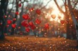 Time-lapse of heart balloons being released in a park, creating a romantic ambiance