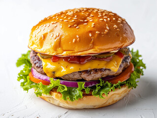 Wall Mural - Burger with thick slices of grilled meat and topped with green salad, tomato and cheese.