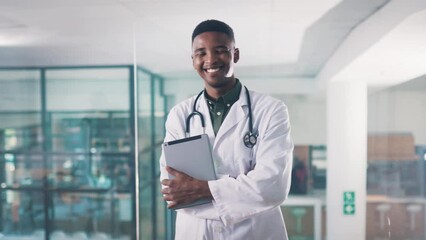 Poster - Black man, doctor and tablet in hospital, working and employee for healthcare, check results and portrait. Medicare, happiness and professional in career, job and person for medicine and worker