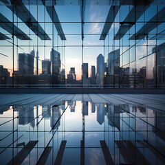 Canvas Print - Urban skyline reflected in a glass building.