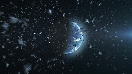 Wall Mural - many asteroids heading planet earth outer space cinematic view, 4k, 2024