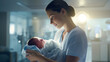 Nurse holding newborn baby in hospital. Generative AI