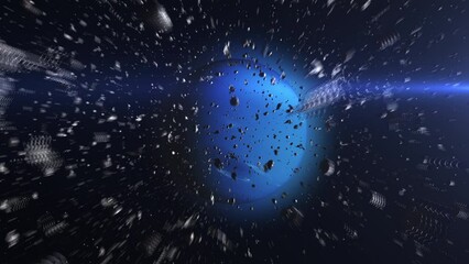Wall Mural - camera inside asteroid field heading planet neptune outer space cinematic view, 4k, 2024