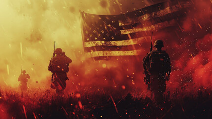 American Soldiers with American Flag in Background, Illustration of Freedom and War, Generative AI