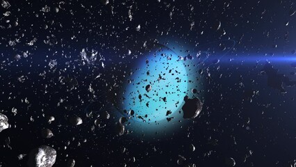 Wall Mural - camera inside asteroid field heading planet uranus outer space cinematic view, 4k, 2024