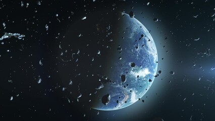 Wall Mural - planet earth with many asteroid rocks outer space cinematic view, 4k, 2024