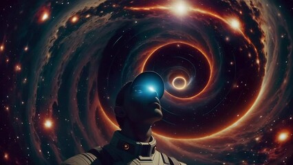 Wall Mural - Man or woman on background of futuristic cosmic animation. Colorful night sky with stars and galaxies . AI generated cosmic animation with transformations