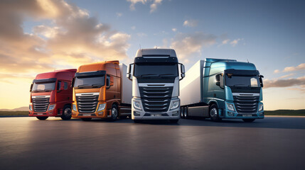 Wall Mural - Logistics and transport trucks driving in formation on an open highway during a beautiful sunset