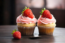 Two Delicious Cupcake With A Strawberry On A Table