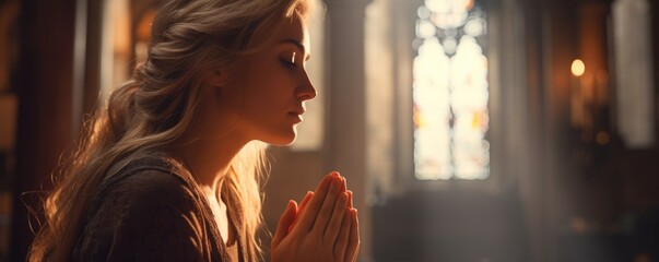 Wall Mural - Young woman is praying in a church