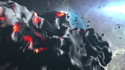Wall Mural - large asteroid and meteors heading alien planet outer space cinematic view, 4k, 2024