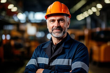 Portrait of a worker or industrial engineer wearing a hard hat and worker uniform in a factory plant or refinery. Generative AI