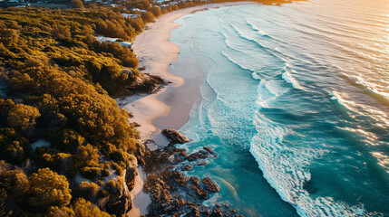 Wall Mural - Captivating aerial shot of a stunning beach at golden hour