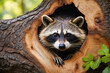 raccoon hiding behind trees forest background