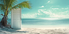 A White Door On A Sandy Beach Next To Palm Trees And Azure Sea, The Concept Of Simply Travelling Open Door To Anywhere In The World