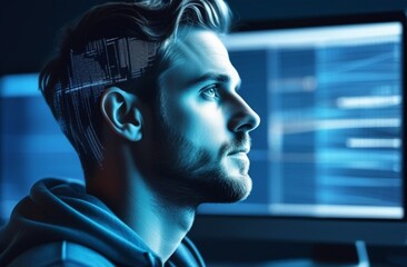 double exposure, thoughtful programmer man. photo, 3d rendering and drawing