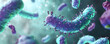 © Irina - Close up banner of floating bacteria, microbes,  virus cells on blurred blue background with copy space. Abstract 3d render of covid, flu, infection disease. Сoncept for hospitals, clinics, medicine.
