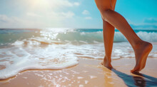 Bare Feet Of A Girl Walk On Tropical Sand Beach To Sea Water. Summer Vacation And Travel Concept. Close-up
