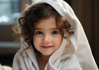 Wall Mural - A young girl, with a towel wrapped around her head, gazes at the camera with innocent curiosity, showcasing her soft skin and sweet clothing in an intimate indoor portrait