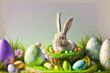 Wall Mural - Small, baby rabbit in easter basket with fluffy fur and easter eggs in the fresh, green spring landscape. Ideal as an easter card or greeting card or wallpaper.
