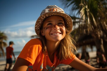 Canvas Print - A carefree young woman with a sun hat and painted face stands amidst the lush palm trees, radiating joy and summer vibes on her beach vacation