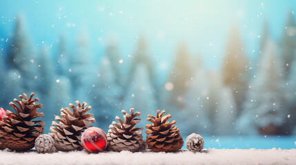  Christmas blurred background with pine cones and fir branches