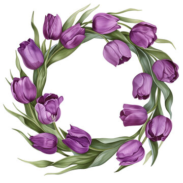 pink Tulips painted wreath isolated on transparent background with space for text