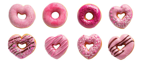 Wall Mural - Collection Set of Pink Donut in the Shape of a Heart, isolated over on transparent background